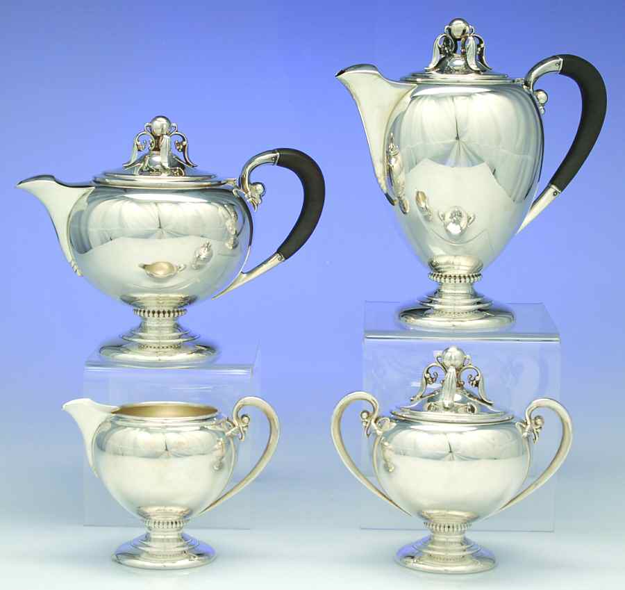 2360 (Sterling, Hollowware) 4 Piece Tea Set (SCP, STP, SCR, SSU) by Fisher Silversmiths-1