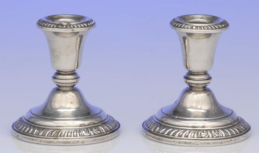 Georgian Shell (Sterling, 1948, Hollowwaree) Pair of Weighted Console Candleholders by Frank Whiting-1