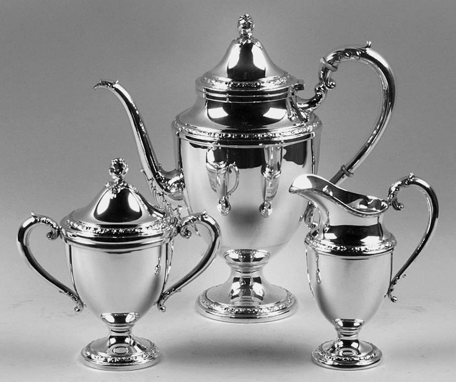 Talisman Rose (Sterling, 1948, Plain, Hollowwaree) 3-Piece Coffee Set with Coffee Pot by Frank Whiting-1