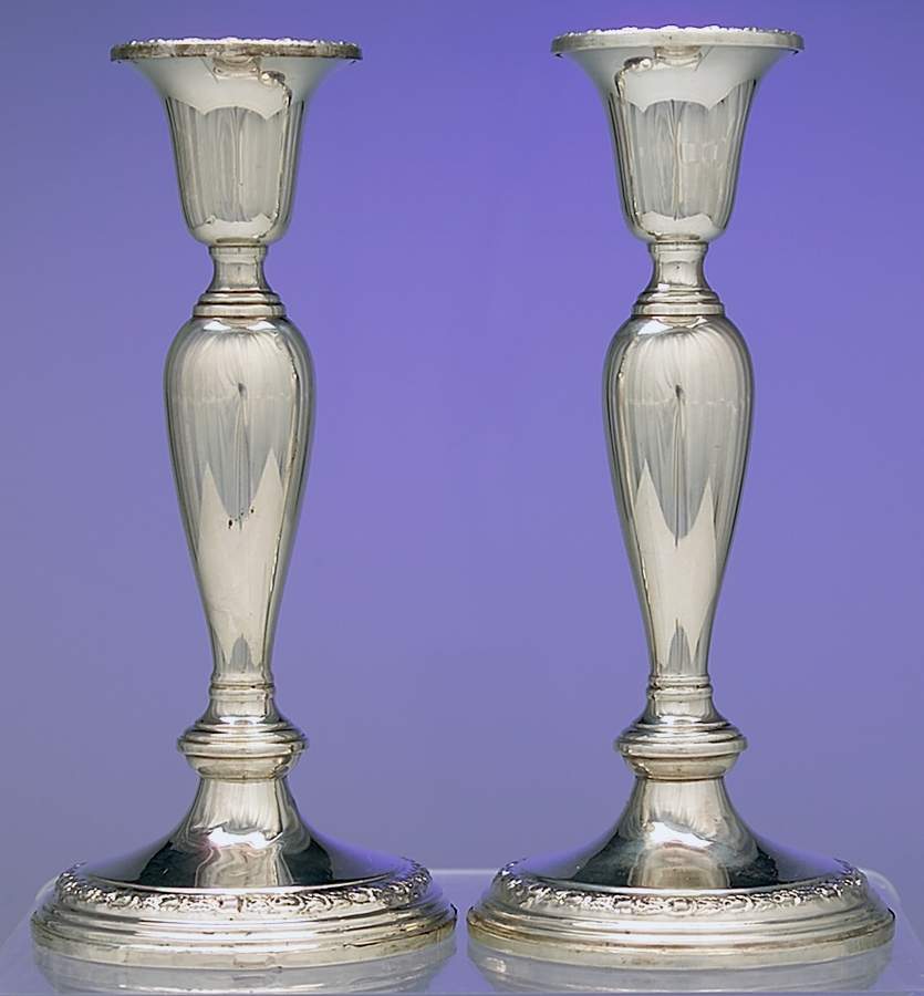 Talisman Rose (Sterling, 1948, Plain, Hollowwaree) Pair of 7" Weighted Candlestick by Frank Whiting-1