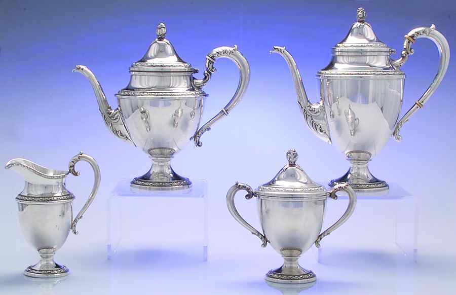 Talisman Rose (Sterling, 1948, Plain, Hollowwaree) 4 Piece Tea Set (SCP, STP, SCR, SSU) by Frank Whiting-1