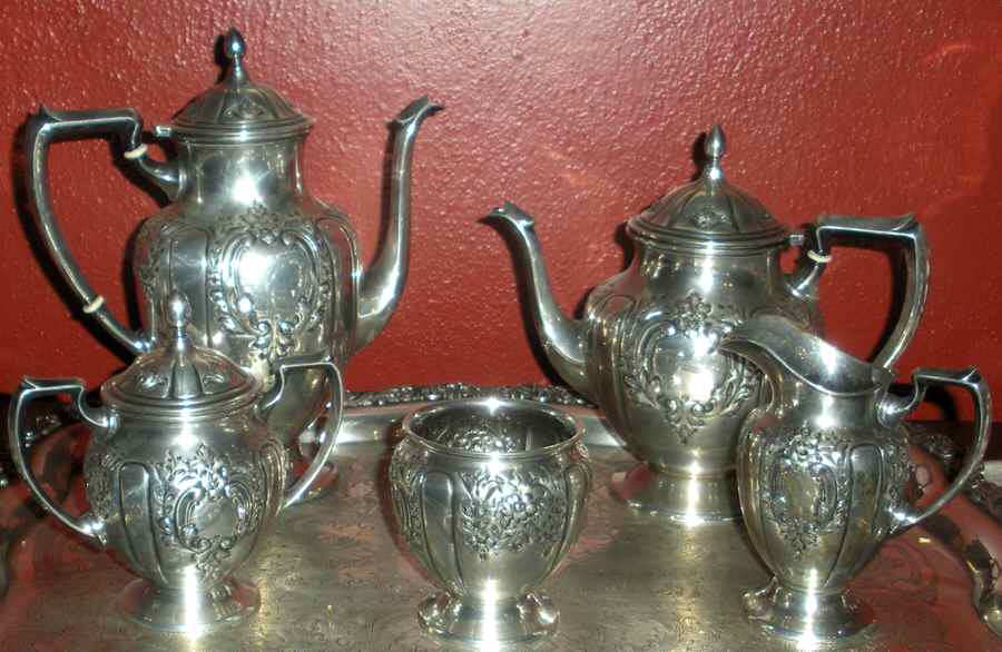 Concord (Sterling, Hollowware) 5 Piece Tea Set (SCP1, STP1, SCR1, SSU1, SWB1) by Fisher Silversmiths-1