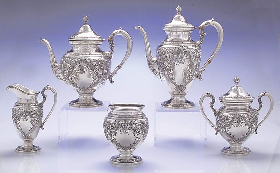 Lily-Floral (Sterling, Hollowware, Floral Border) 5 Piece Tea Set (SCP, STP, SCR, SSU, SWB) by Frank Whiting-1