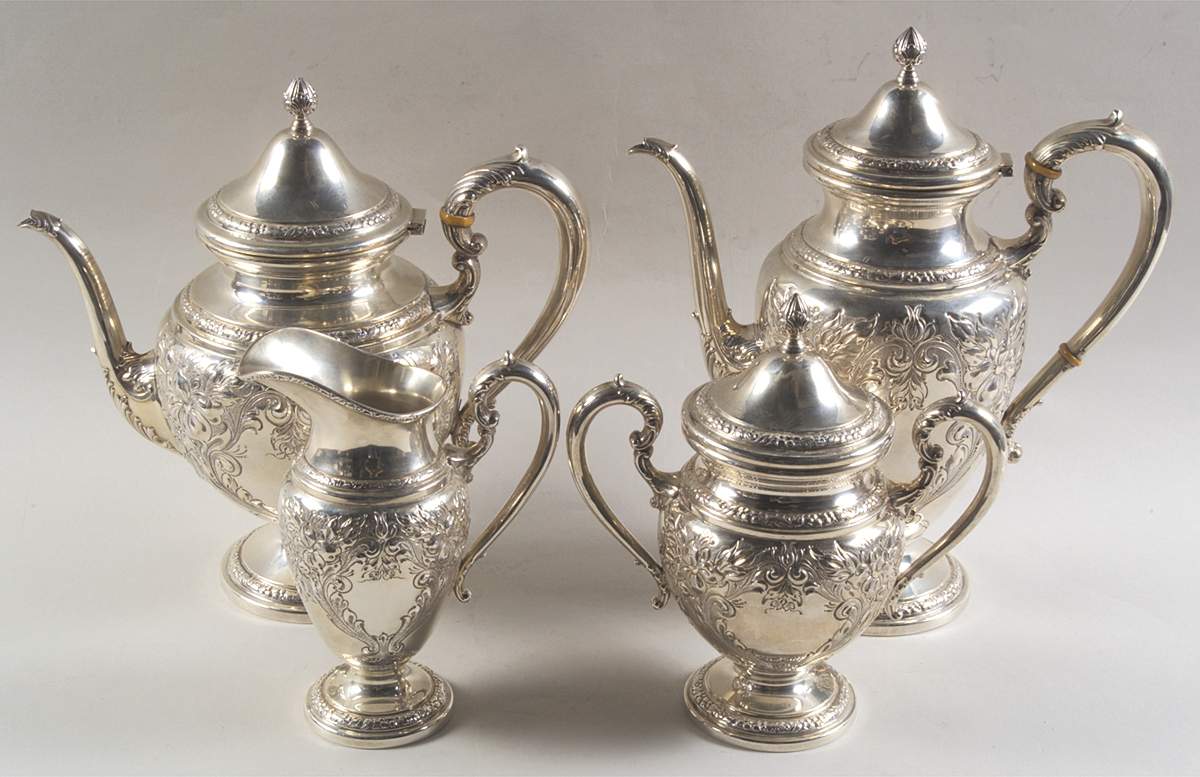 Lily-Floral (Sterling, Hollowware, Floral Border) 4 Piece Tea Set (SCP, STP, SCR, SSU) by Frank Whiting-1