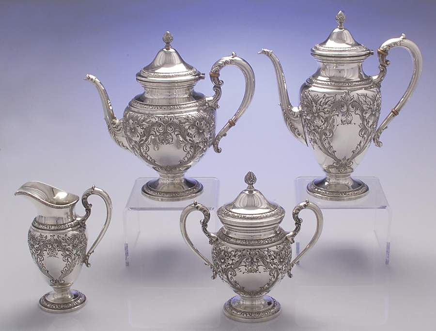 Lily-Floral (Sterling, Hollowware, Floral Border) 4 Piece Tea Set (SCP, STP, SCR, SSU) by Frank Whiting-1
