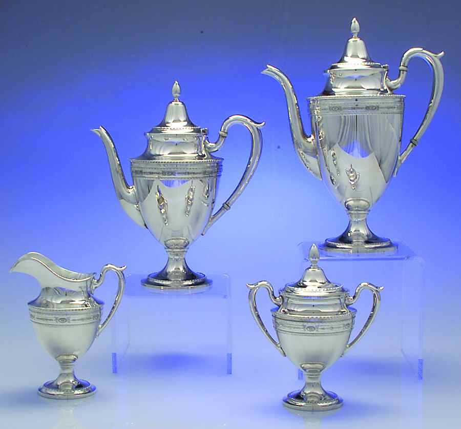 2321 (Sterling, Hollowware) 4 Piece Tea Set (SCP, STP, SCR, SSU) by Fisher Silversmiths-1