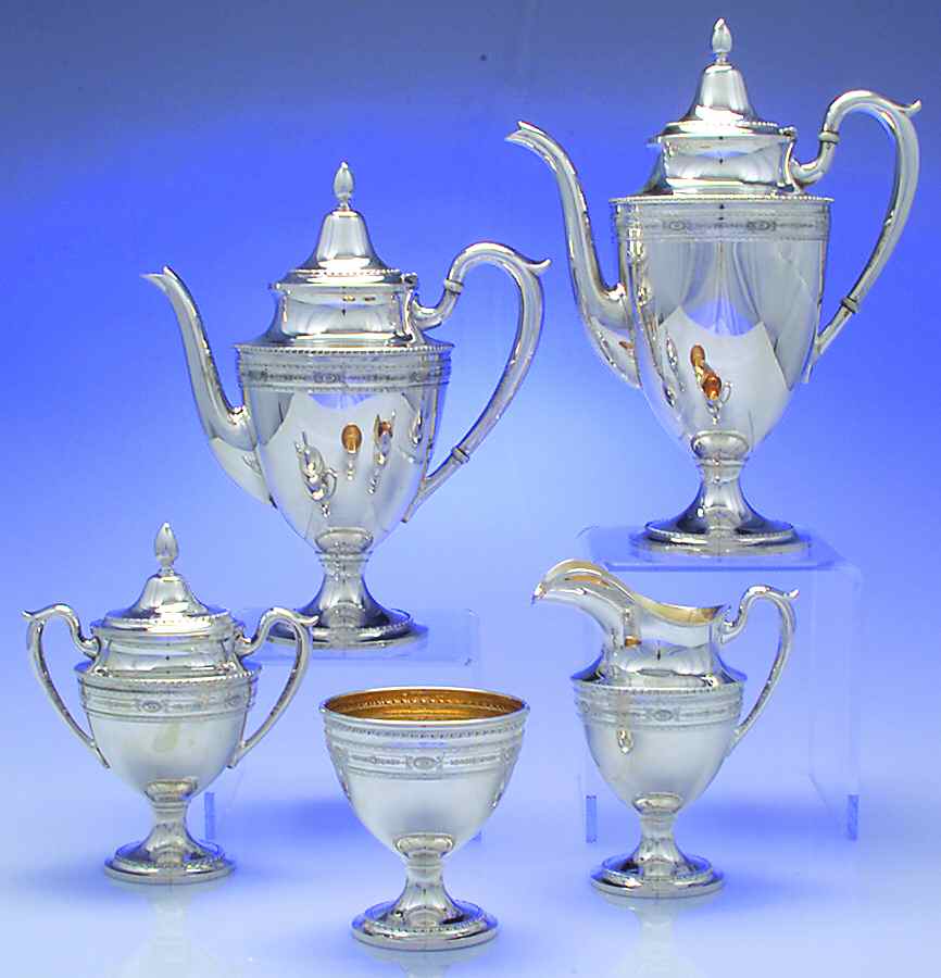 2321 (Sterling, Hollowware) 5 Piece Tea Set (SCP, STP, SCR, SSU, SWB) by Fisher Silversmiths-1