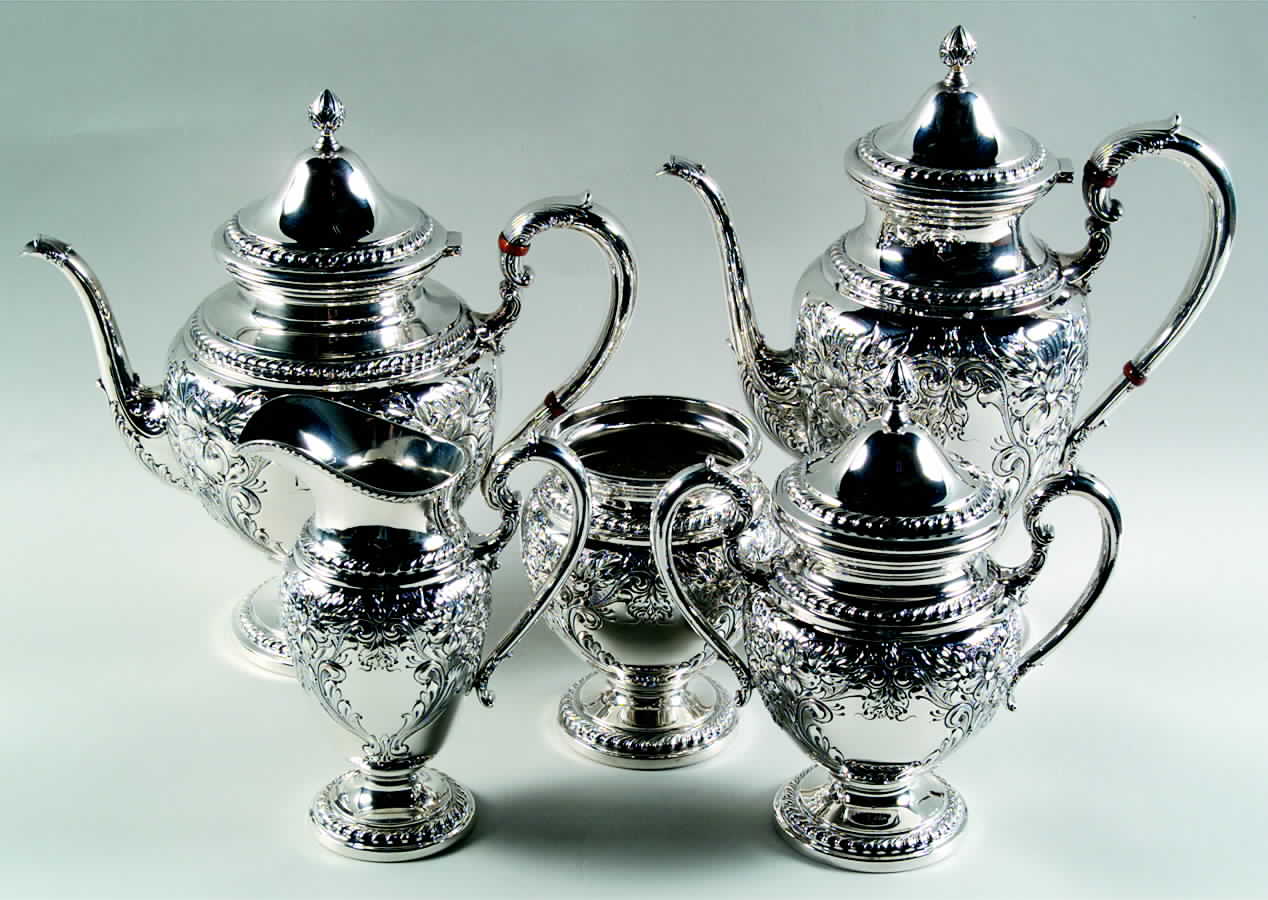 Lily-Floral (Sterling, Hollowware, Gadroon Border) 5 Piece Tea Set (SCP, STP, SCR, SSU, SWB) by Frank Whiting-1