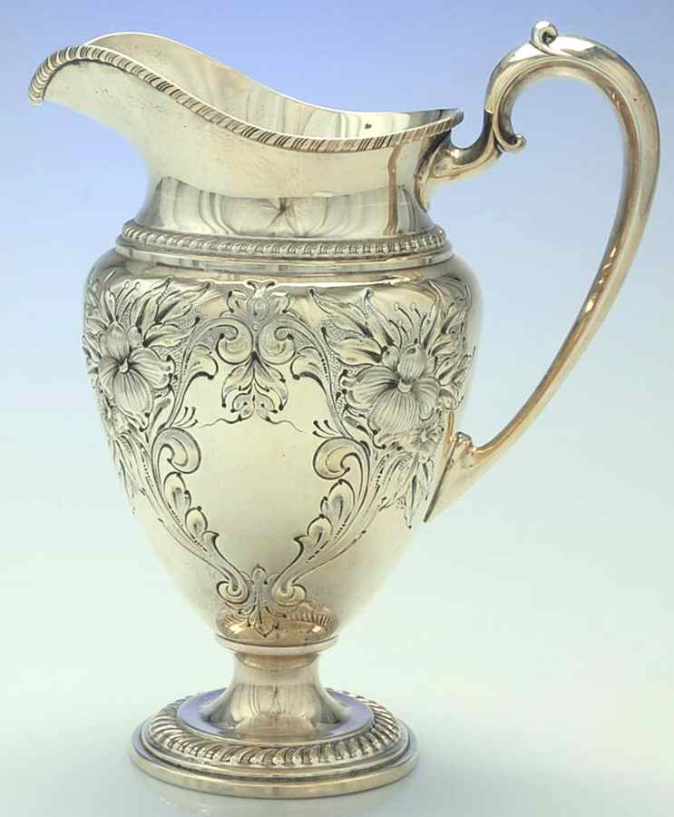 Lily-Floral (Sterling, Hollowware, Gadroon Border) Chased Sterling Water Pitcher by Frank Whiting-1