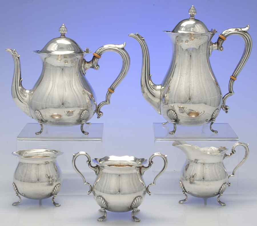 Jack Shepard II (Sterling, Hollowware) 5 Piece Tea Set (SCP, STP, SCR, SSUO, SWB) by Fisher Silversmiths-1