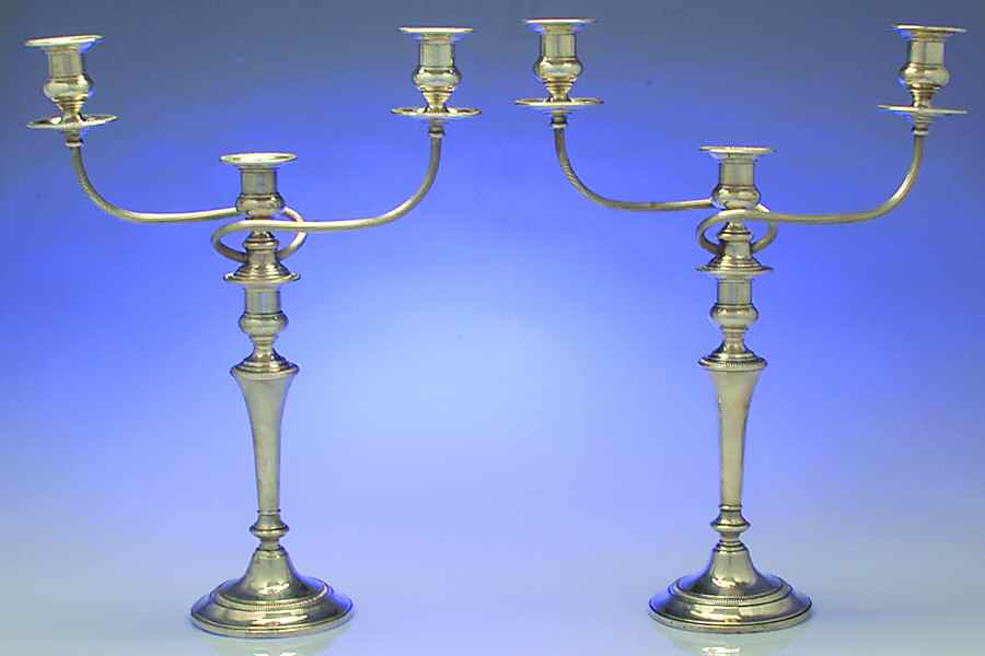 306 (Sterling, Hollowware) Pair of Weighted 3 Light Candelabra by Fisher Silversmiths-1