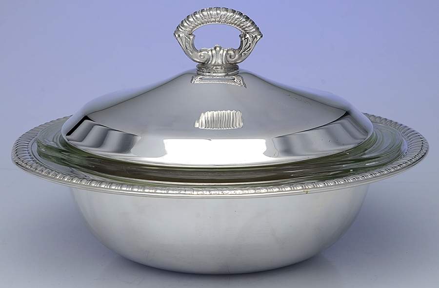 1058 (Silverplate, Hollowware) Plated Round Covered Casserole with Glass by F B Rogers-1