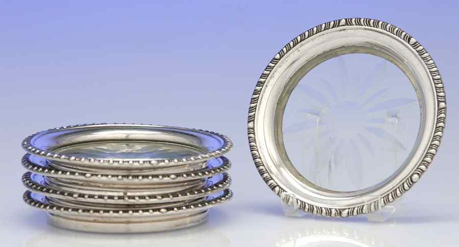 1646 (Sterling, Hollowware) Crystal Coaster with Sterling Rim - Set of 5 by Frank Whiting-1