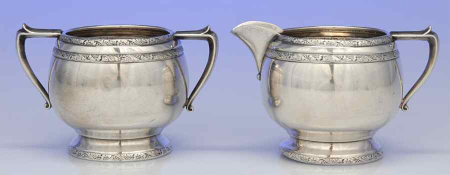 7217 (Sterling, Hollowware) Creamer & Open Sugar Set by Fisher Silversmiths-1