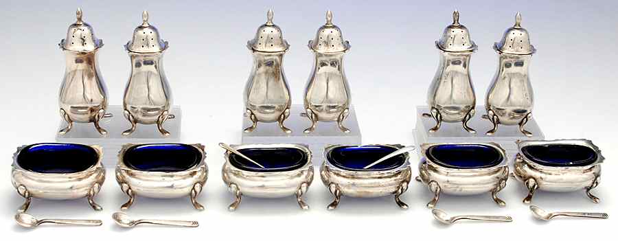 498 (Sterling, Hollowware) Open Salt Master W/Cobalt Liners & Peppershk (Set6 by Fisher Silversmiths-1