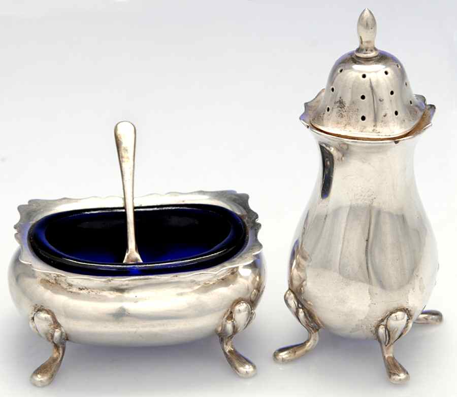 498 (Sterling, Hollowware) Open Master Salt W/Spoon & Pepper Shaker by Fisher Silversmiths-1