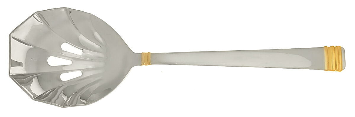 Encore (Stainless, Gold Accent) Pierced Solid Serving Spoon by Fortunoff-1