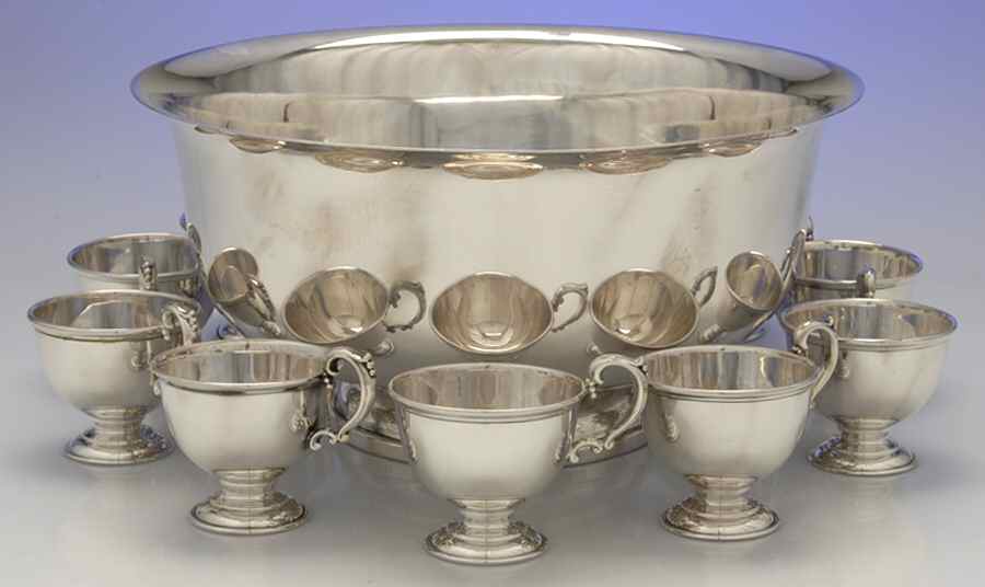 244 (Sterling, Hollowware) 16 Piece Punch Bowl Set (Bowl + 15 Cups) by Fisher Silversmiths-1