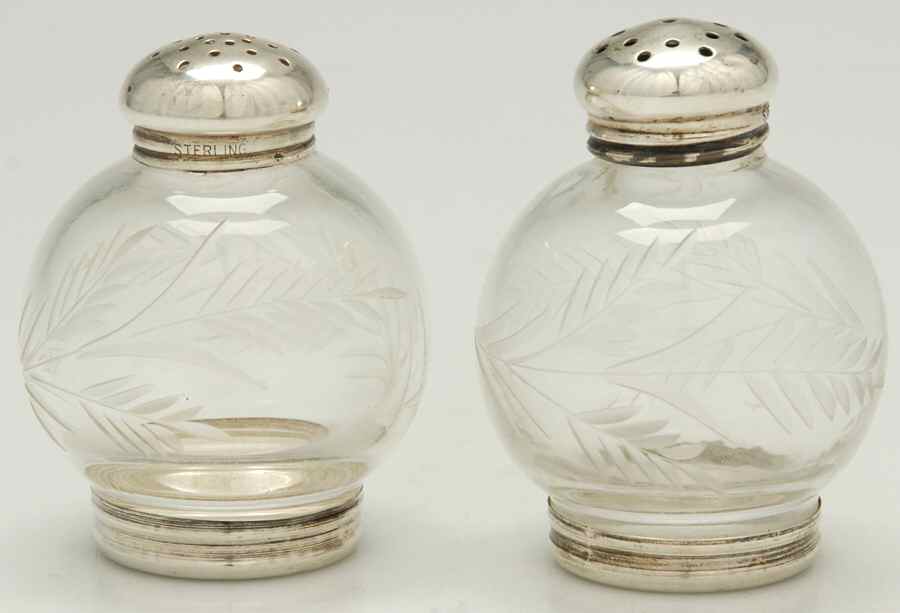 899 (Sterling, Hollowware) Crystal Salt & Pepper with Silver Top & Base by Frank Whiting-1