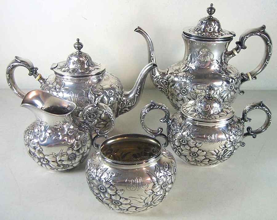 5976 (Sterling, Hollowware) 5 Piece Tea Set (SCP, STP, SCR, SSU, SWB) by Frank Whiting-1