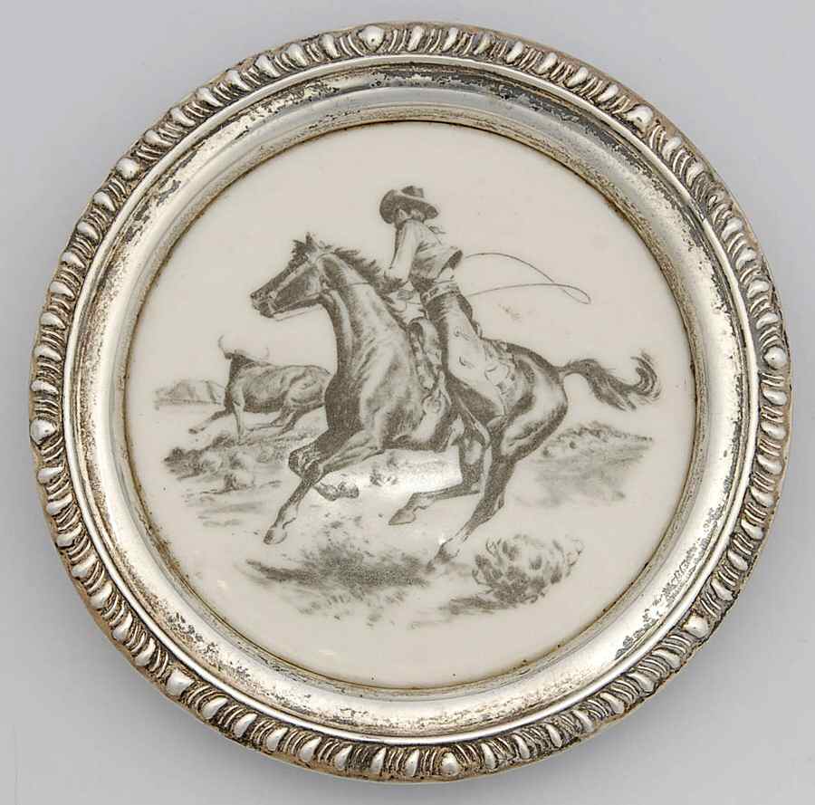 Ranching (Sterling, Hollowware) China Coaster with Sterling Rim by Frank Whiting-1