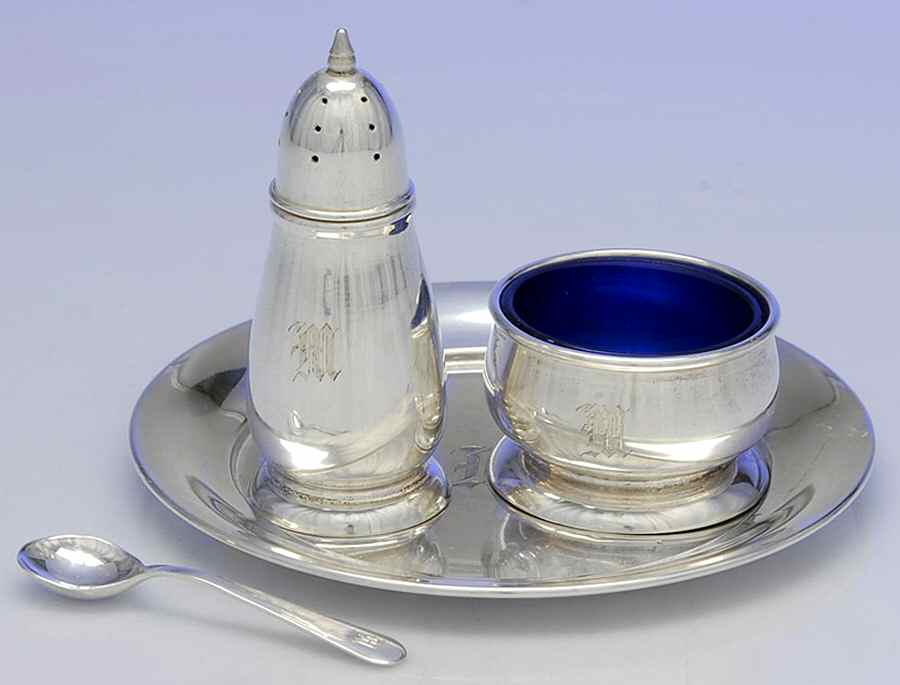 479 (Sterling, Hollowware) Open Individual Salt with Spoon, Pepper Shaker & Tray by Fisher Silversmiths-1