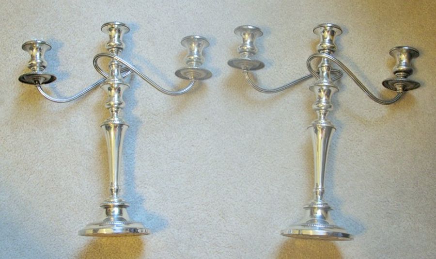 355 (Sterling, Hollowware) Pair of Weighted 3 Light Candelabra by Fisher Silversmiths-1