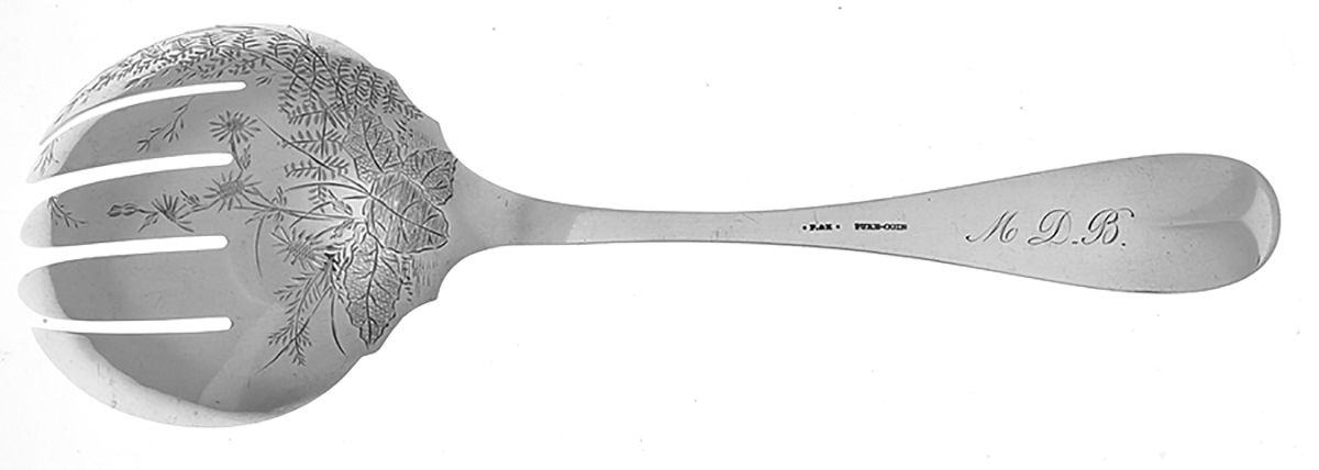 Coin Silver Flatware Solid Bright Cut Vegetable Serving Fork by Farrington & Hunnewell-2