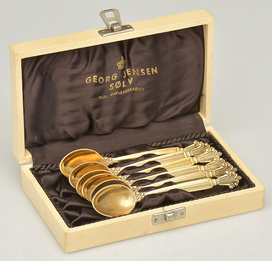 Acanthus (Sterling, 1917) Mocha Spoon - Set of 6 & Case by Georg Jensen (Denmark)-1
