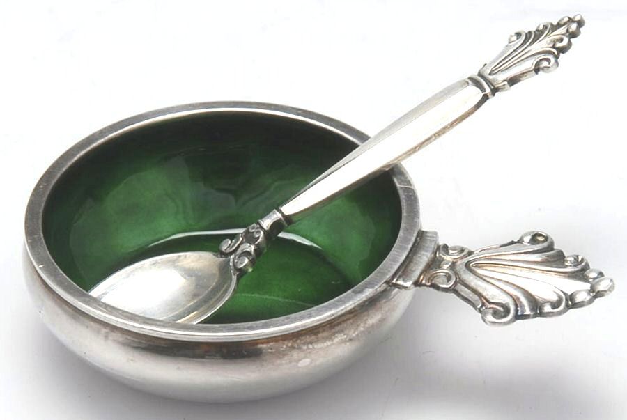 Acanthus (Sterling, 1917) Individual Enameled Salt Cellar & Spoon Set by Georg Jensen (Denmark)-1