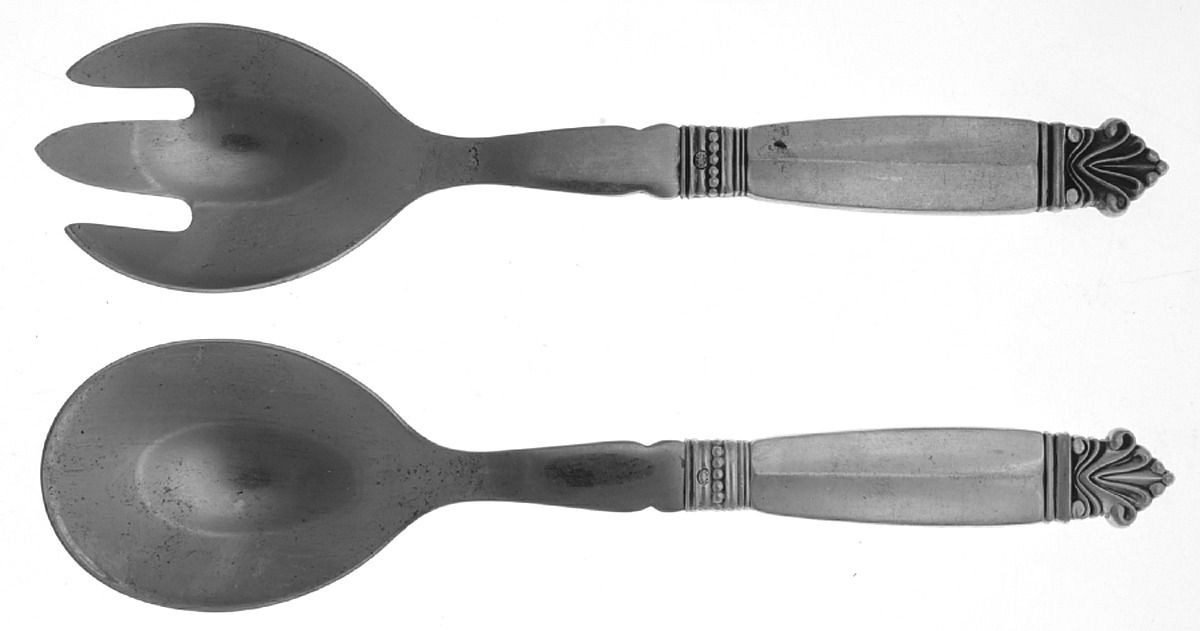 Acanthus (Sterling, 1917) Medium 2 Pc Salad Set Stainless Bowl by Georg Jensen (Denmark)-1