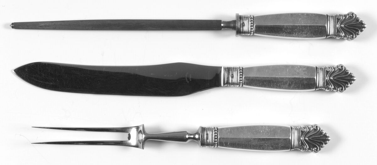 Acanthus (Sterling, 1917) Large 3-Piece Roast Carving Set w/ Stainless Blade by Georg Jensen (Denmark)-1