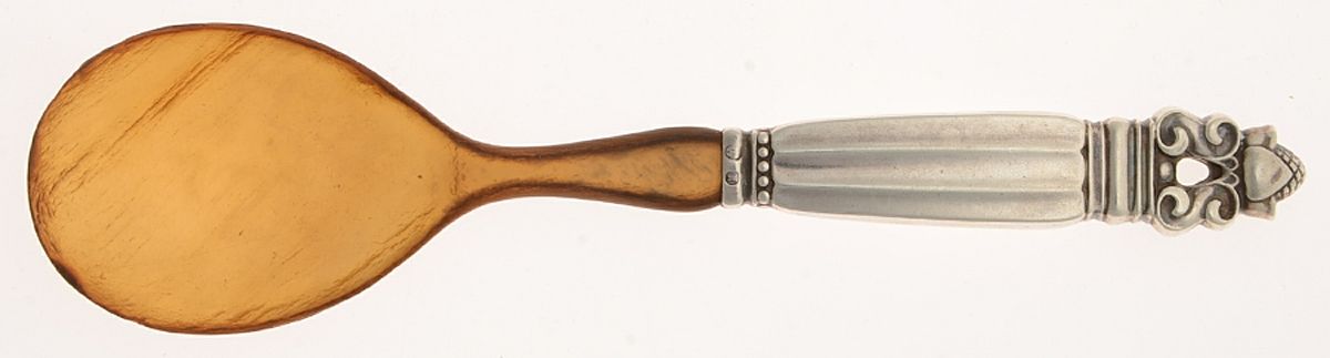 Acorn (Sterling, 1915) Small Salad Serving Spoon with Horn Bowl by Georg Jensen (Denmark)-1