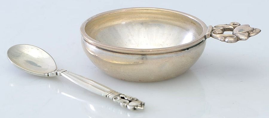 Acorn (Sterling, 1915) 2pc Set Individual Open Salt & Spoon by Georg Jensen (Denmark)-1