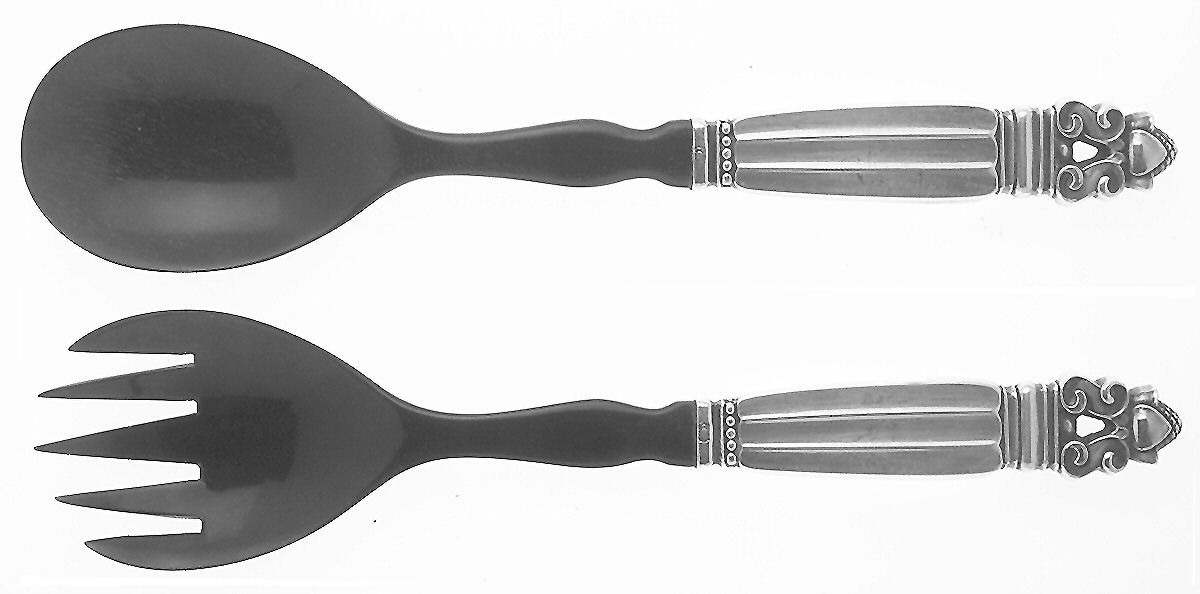 Acorn (Sterling, 1915) 2 Pc Medium Salad Set with Horn Bowl by Georg Jensen (Denmark)-1