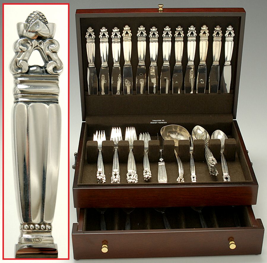 Acorn (Sterling, 1915) 91 Piece Set by Georg Jensen (Denmark)-1