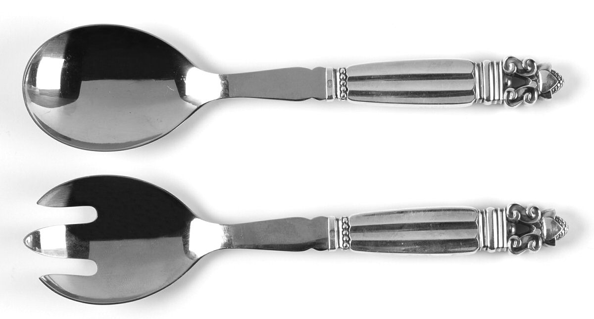 Acorn (Sterling, 1915) Salad Set 2 Piece Stainless Bowl Medium by Georg Jensen (Denmark)-1