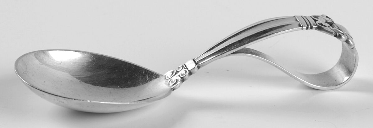 Acorn (Sterling, 1915) Curved Handle Baby Spoon by Georg Jensen (Denmark)-1