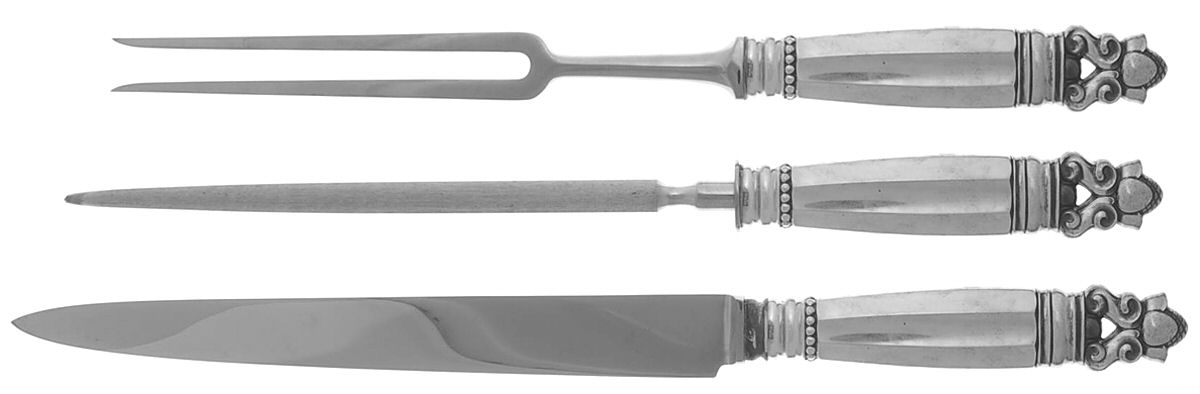 Acorn (Sterling, 1915) Large 3-Piece Roast Carving Set w/Stainless Blade by Georg Jensen (Denmark)-1
