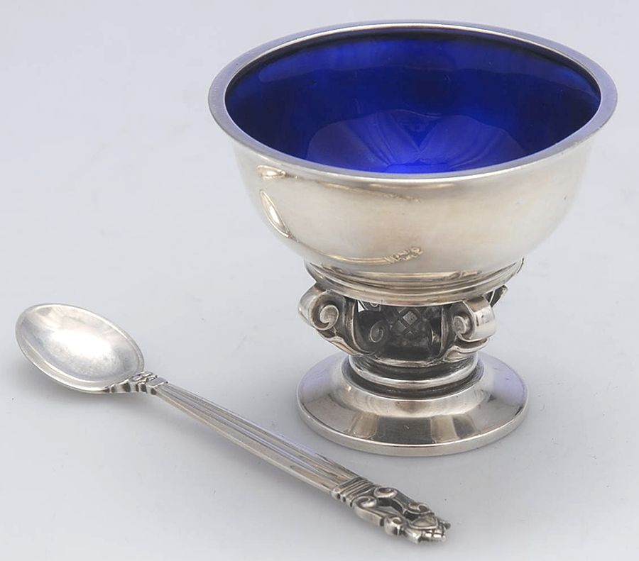 Acorn (Sterling, 1915) Enameled Salt Set 2pcs-Master Cellar & Spoon by Georg Jensen (Denmark)-1