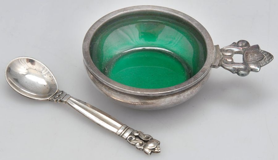 Acorn (Sterling, 1915) Individual Enameled Salt Cellar & Spoon Set by Georg Jensen (Denmark)-1