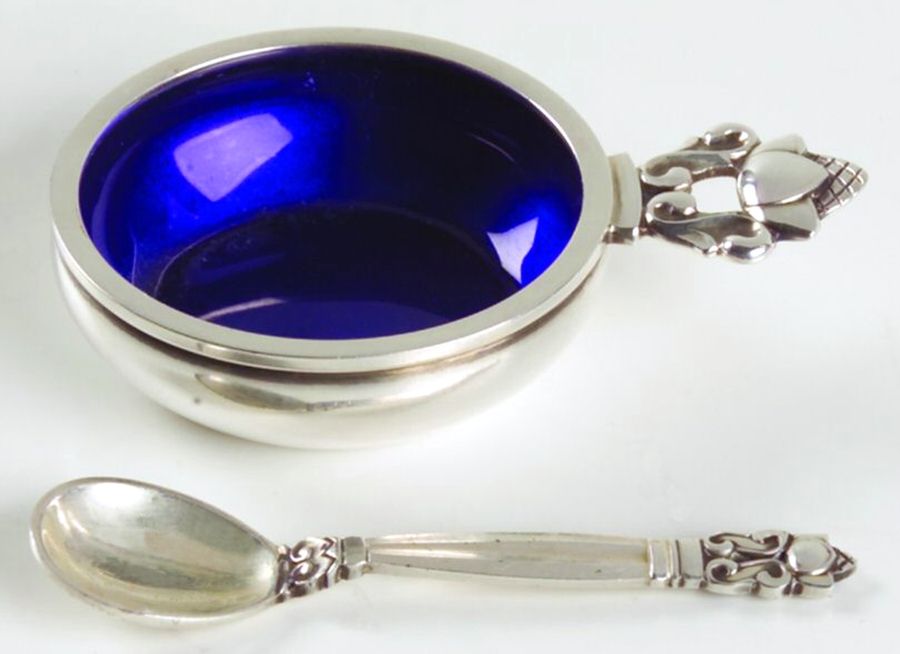 Acorn (Sterling, 1915) Individual Enameled Salt Cellar & Spoon Set by Georg Jensen (Denmark)-1