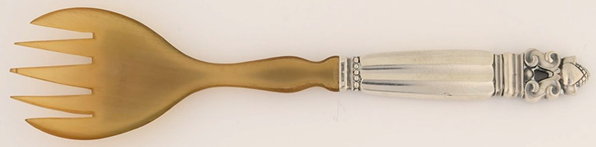 Acorn (Sterling, 1915) Medium Salad Serving Fork with Horn Tines by Georg Jensen (Denmark)-1