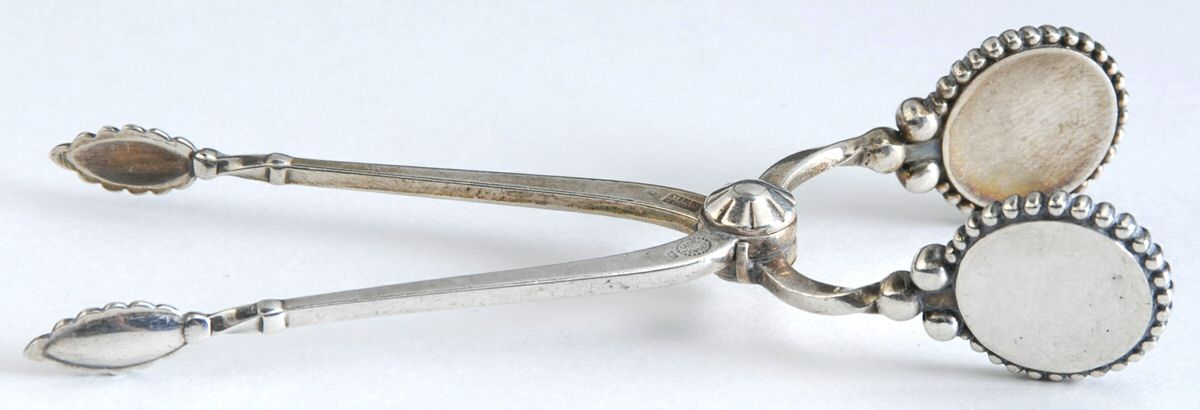 Beaded (Sterling, 1916) Scissor Shape Sugar Tongs by Georg Jensen (Denmark)-1