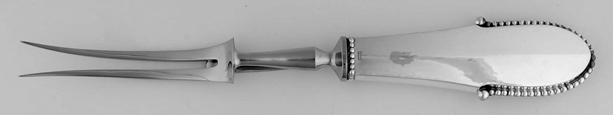 Beaded (Sterling, 1916) Large Stainless-Prong Roast Carving Fork by Georg Jensen (Denmark)-1