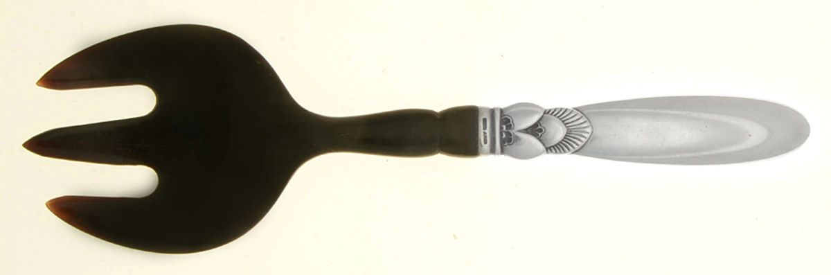 Cactus (Sterling, 1930) Salad Serving Fork with Horn Tines by Georg Jensen (Denmark)-1