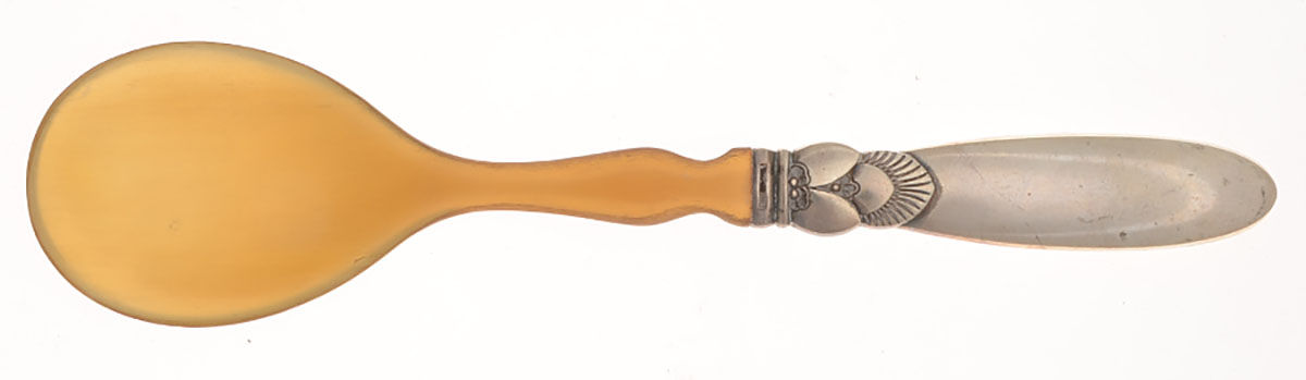 Cactus (Sterling, 1930) Small Salad Serving Spoon with Horn Bowl by Georg Jensen (Denmark)-1