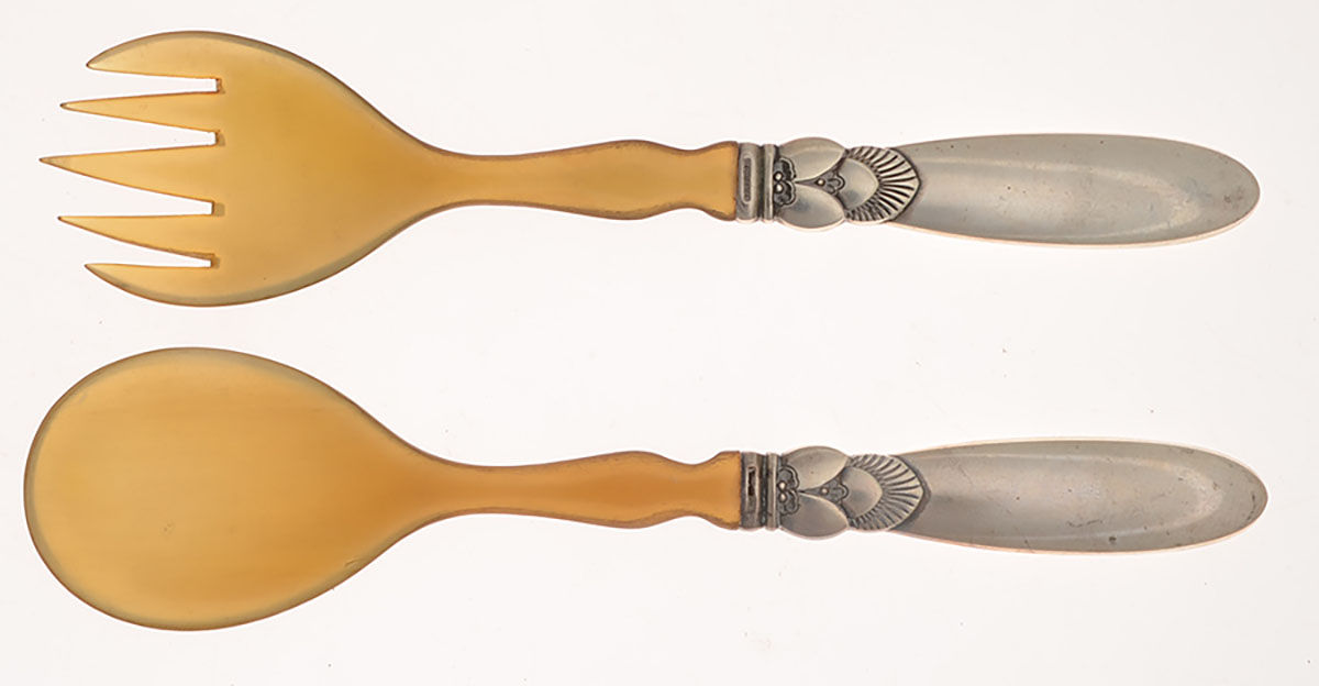 Cactus (Sterling, 1930) 2 Pc Small Salad Set with Horn Bowl by Georg Jensen (Denmark)-1