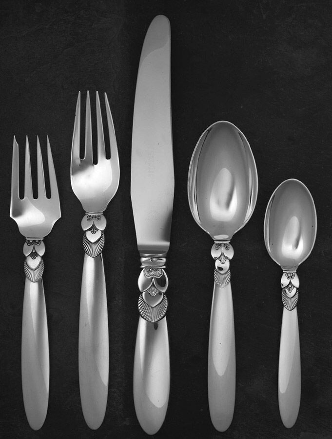 Cactus (Sterling, 1930) 5 Piece Dinner Size Setting by Georg Jensen (Denmark)-1