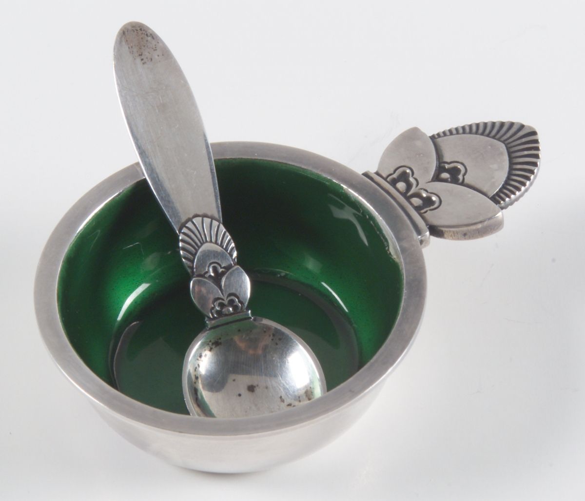 Cactus (Sterling, 1930) Enameled Salt Set 2pcs-Master Cellar & Spoon by Georg Jensen (Denmark)-1